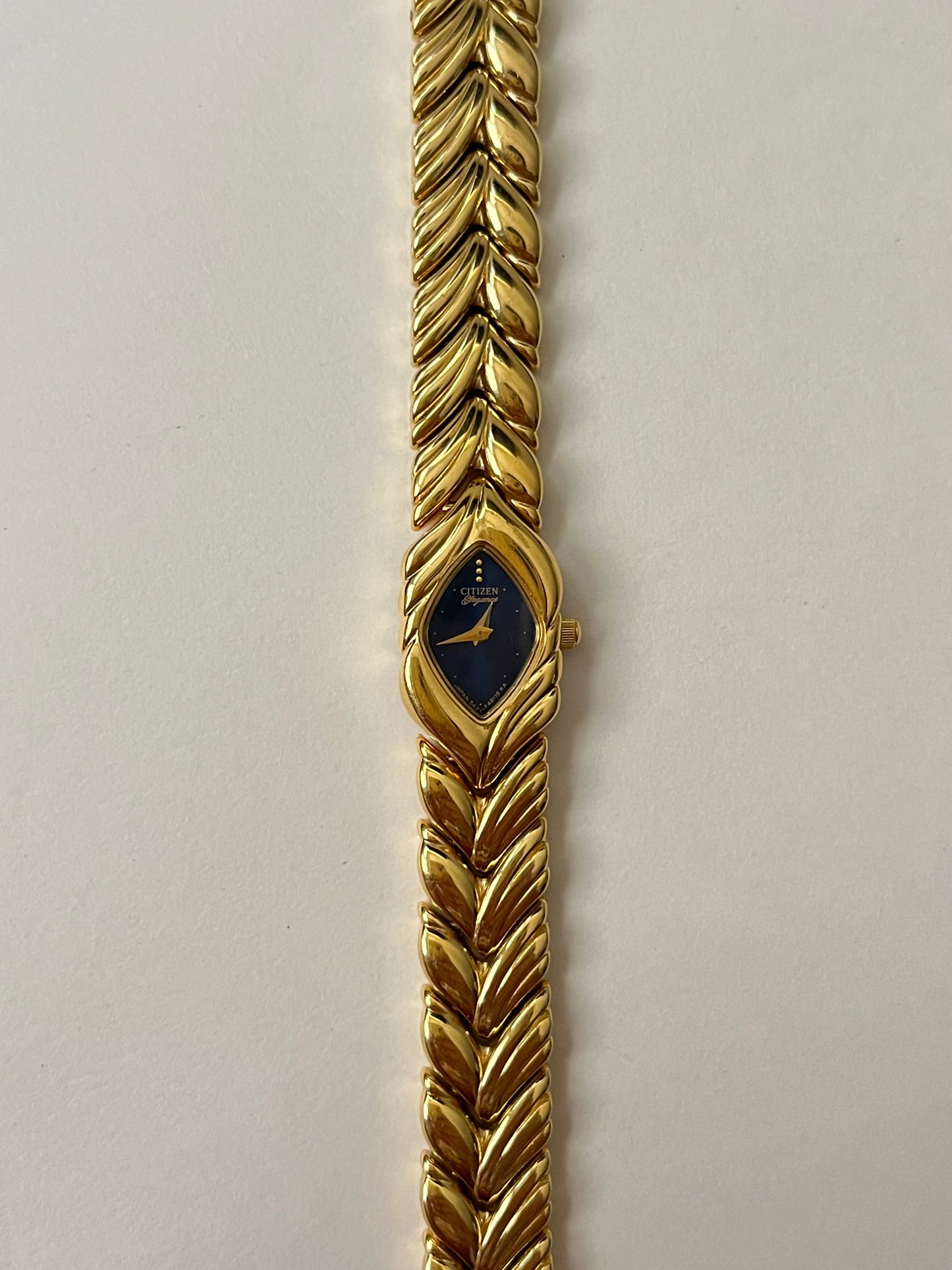 Extremely Rare and Ornate Vintage Gold Tone Citizen Watch with Navy Blue Dial
