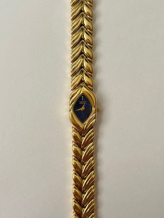 Extremely Rare and Ornate Vintage Gold Tone Citizen Watch with Navy Blue Dial