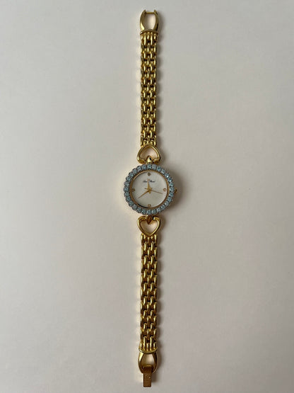Stunning Gold Tone Watch with Blue Stones Bejeweled Round Dial