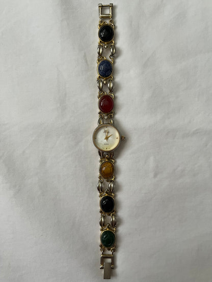 Unique Gold Tone Watch with Turtle Shell Carved Multi-Stones Band
