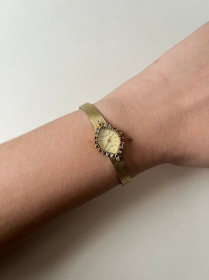 Vintage Gold Tone Watch with Diamond-Shaped Dial with Rubies Accent