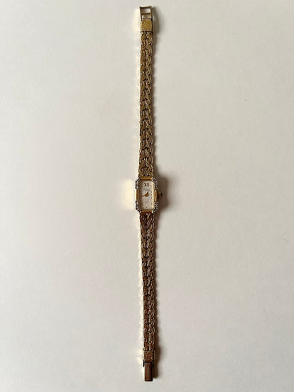 Rare Dainty Vintage Gold Tone Cocktail Dress Watch with Rectangular Dial and Diamonds Accent