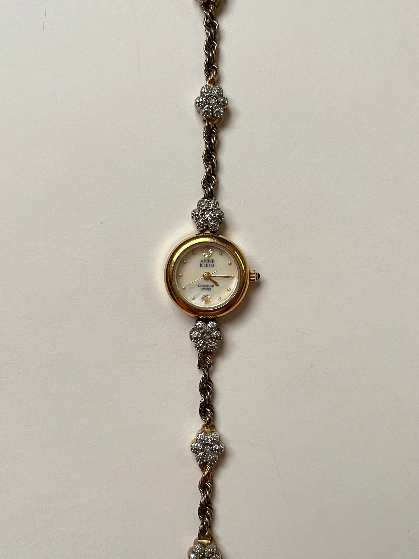 Very Dainty Gold Tone Anne Klein Swiss Watch with Real Diamond Flowers Accent