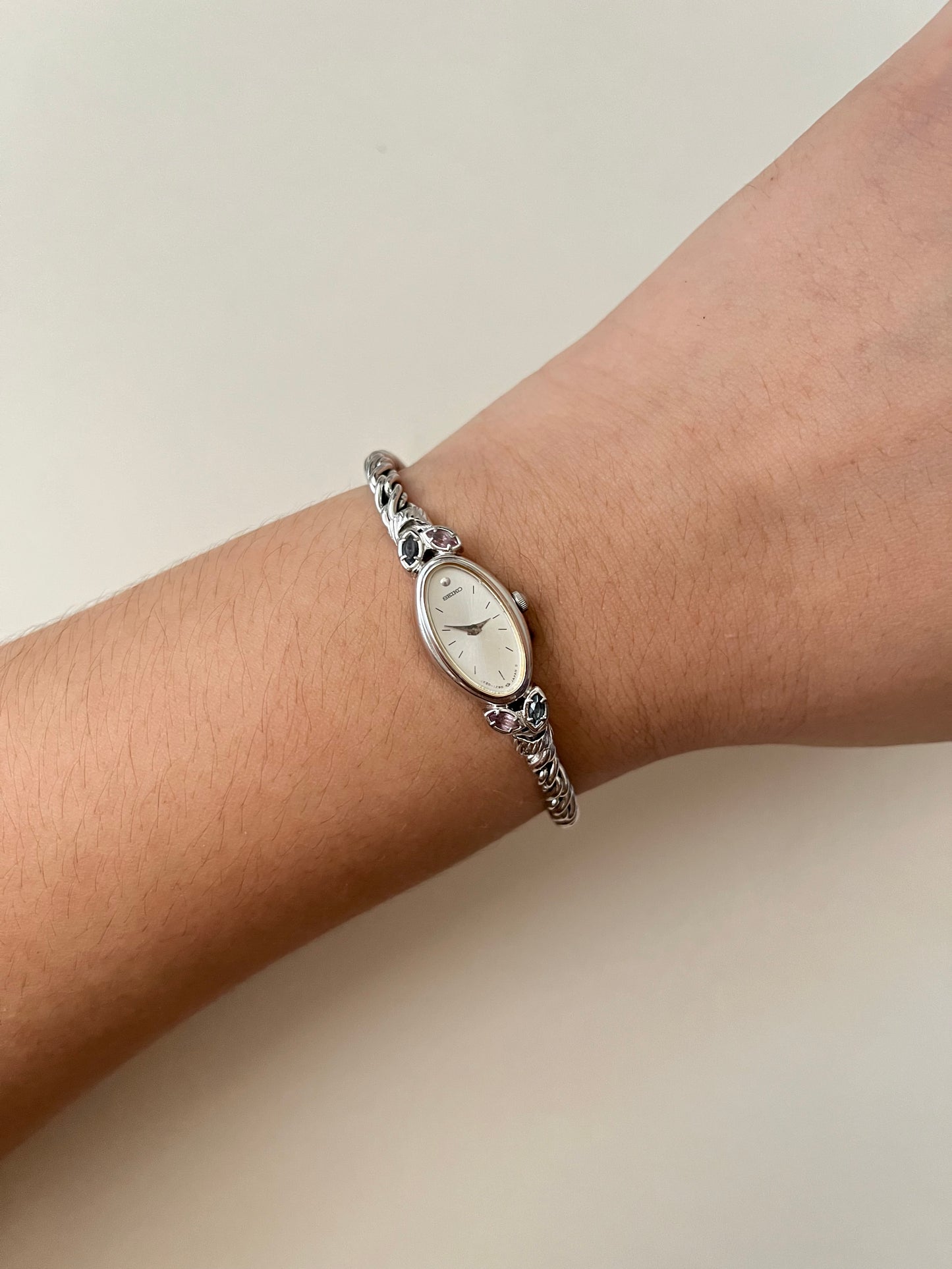 Absolutely Stunning Rare Silver Tone Seiko Watch with Blue and Purple Stones