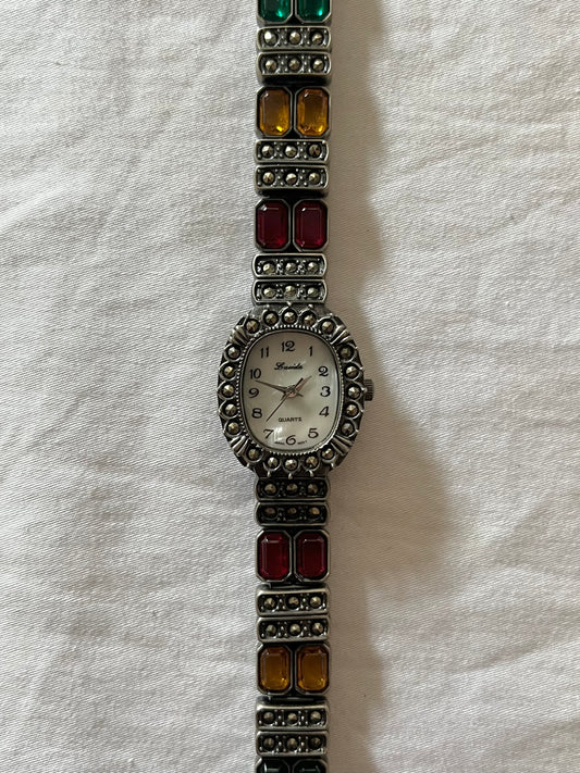 Unique Silver Tone Watch with Marcasite and Colorful Gemstones Encrusted on Band