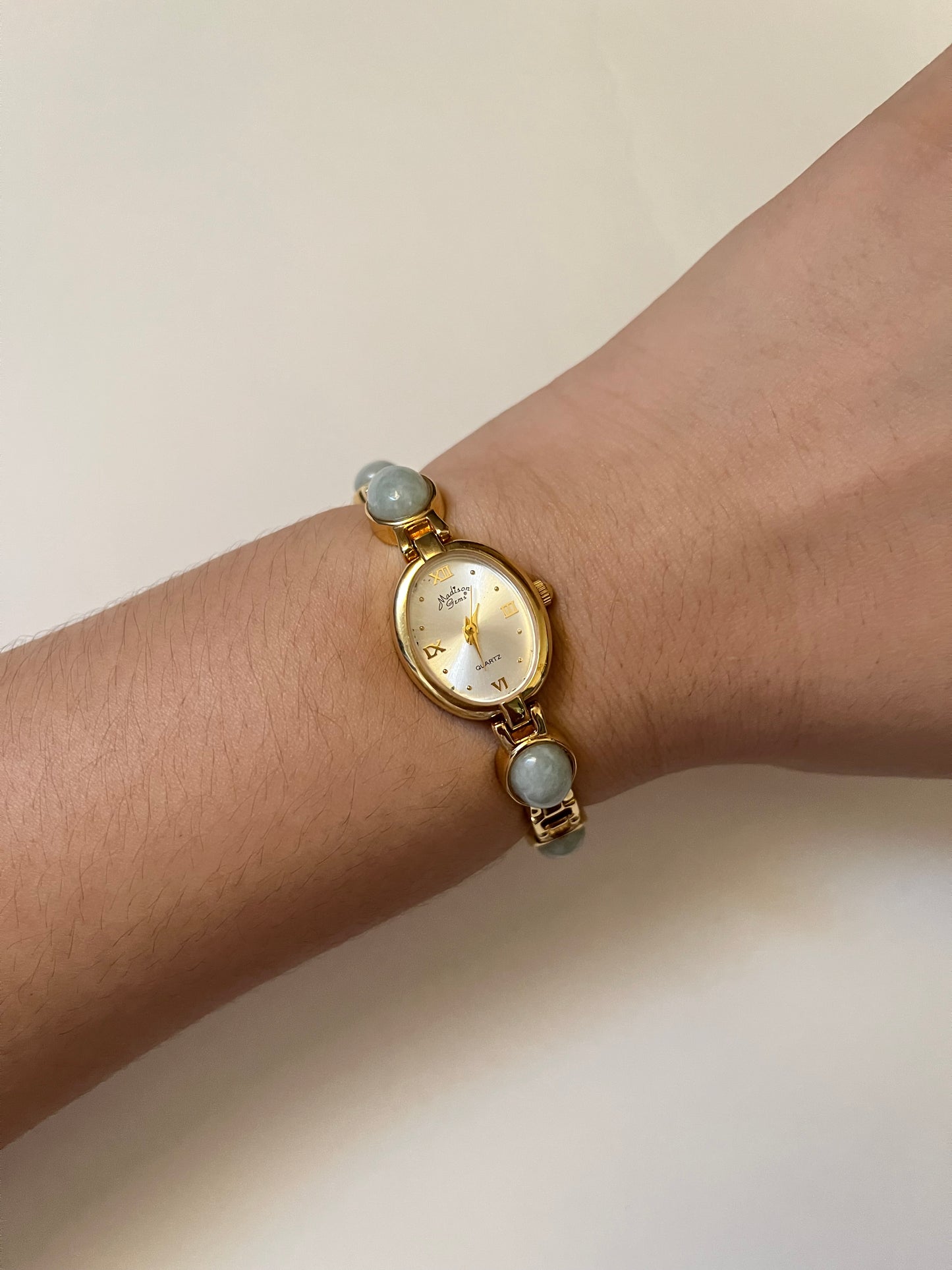 Very Rare Gold Tone Watch with Oval Dial and Jade Stones Inlaid Band