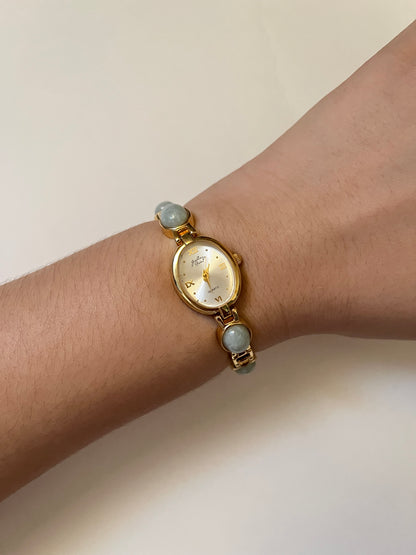 Very Rare Gold Tone Watch with Oval Dial and Jade Stones Inlaid Band