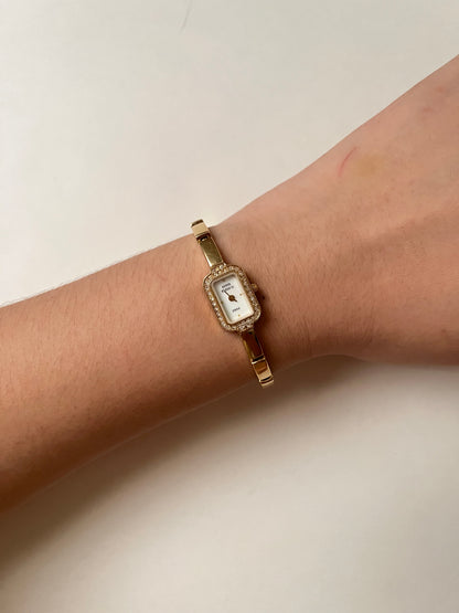 Lovely Dainty Gold Tone Anne Klein Watch with Crystal-Accented Rectangular Bezel