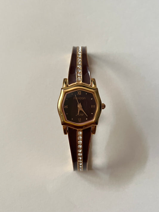 Gold Tone Half Cuff Watch with Rich Bordeaux Dial and Enameled Bracelet