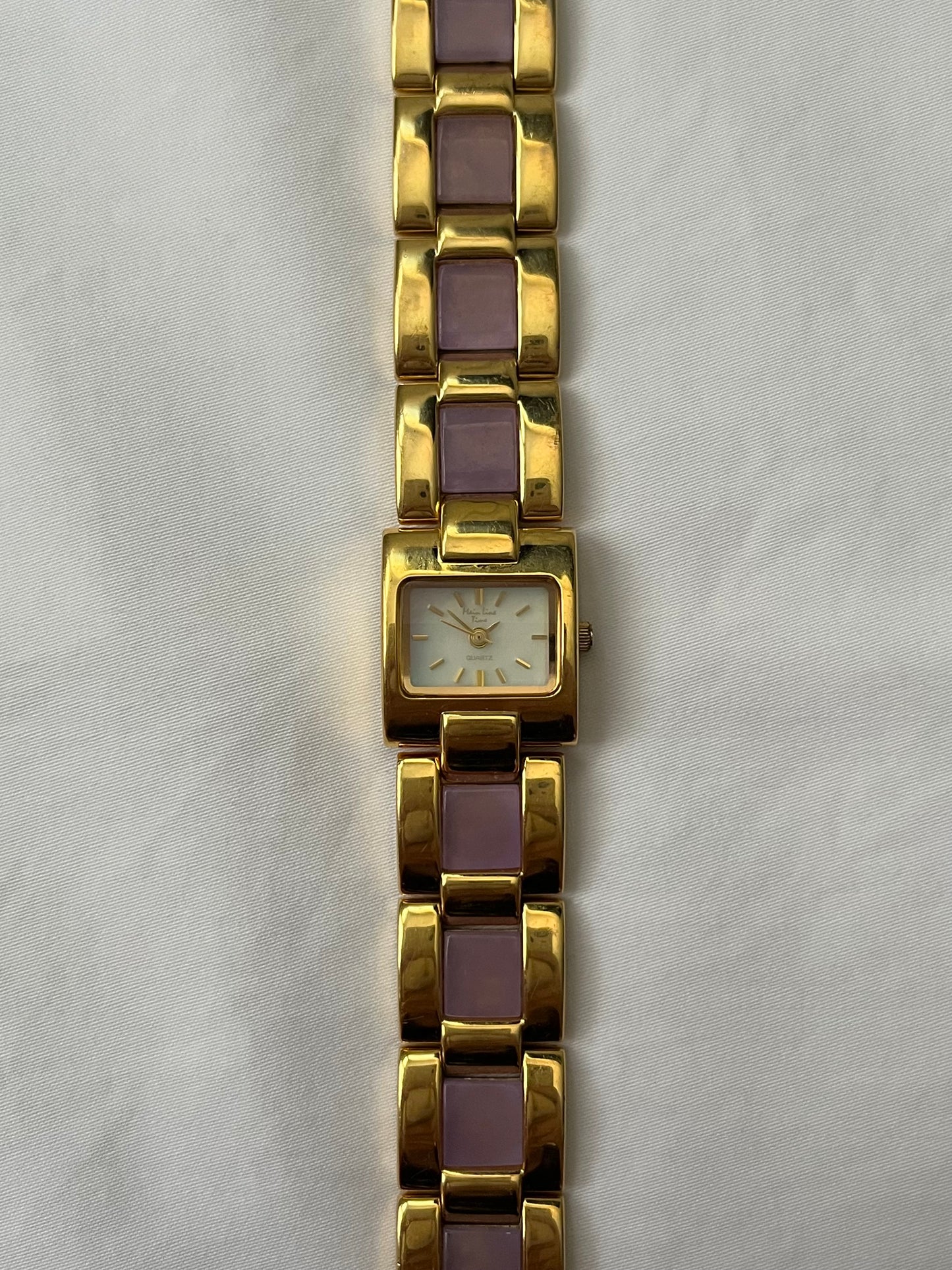 Stunning Gold Tone Watch with Purple Jade Inlay Band