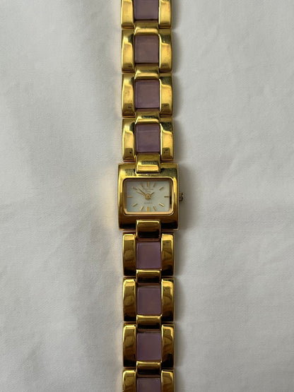 Stunning Gold Tone Watch with Purple Jade Inlay Band
