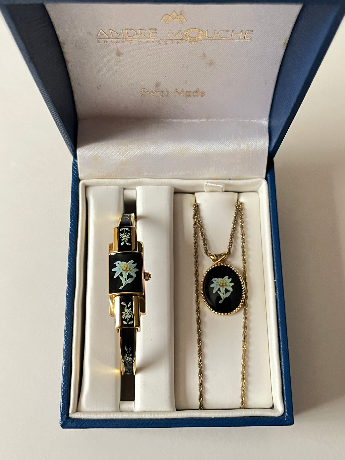 Ultra Rare Gold Tone Open Cuff Peekaboo Swiss Watch and Necklace Set with Black Floral Enameled Decor