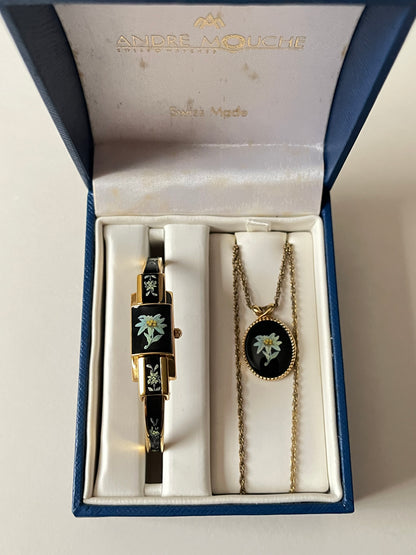 Ultra Rare Gold Tone Open Cuff Peekaboo Swiss Watch and Necklace Set with Black Floral Enameled Decor