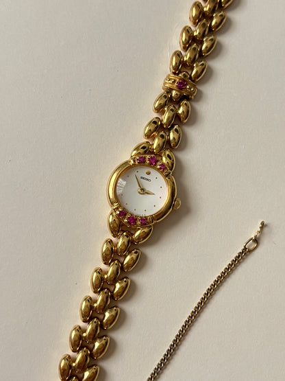 Extremely Rare and Astonishing Gold Tone Seiko Watch with Real Rubies Accent