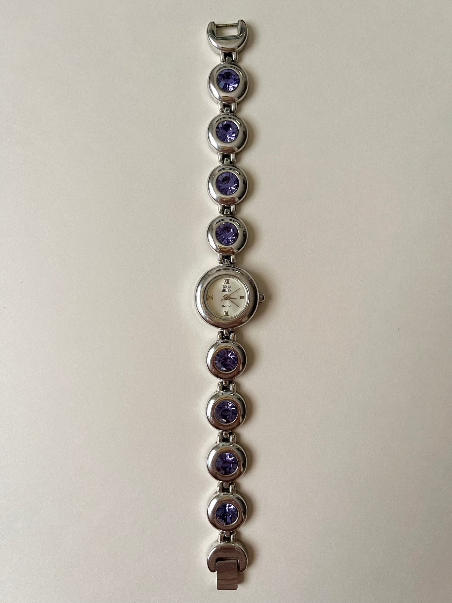 Adorable Silver Tone Watch with Purple Stones Accent