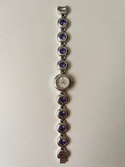 Adorable Silver Tone Watch with Purple Stones Accent