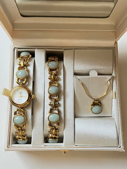 Absolutely Stunning Gold Tone Watch and Jewelry Box Set with Inlaid Jade Stones