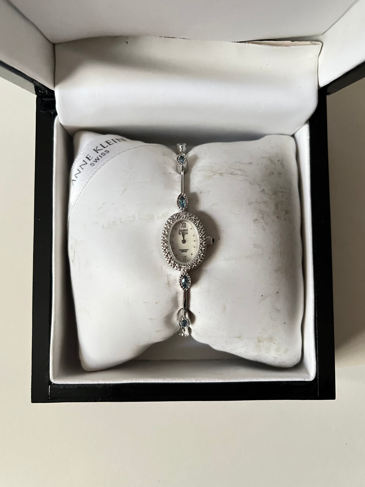 Very Dainty Silver Tone Swiss Watch with Real Diamonds and Light Blue Stones Accents