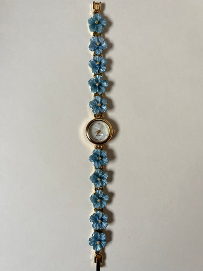 Adorable Gold Tone Watch with Round Dial and Blue Hibiscus Floral Links