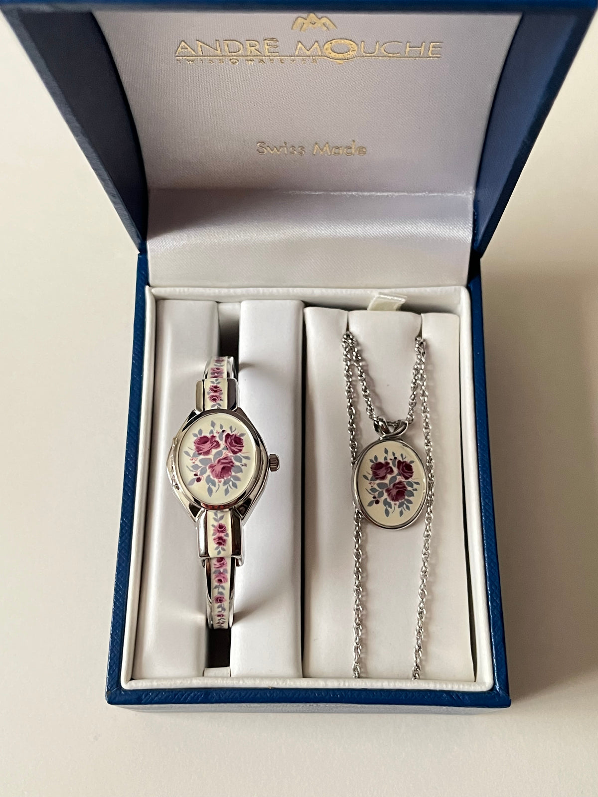 Ultra Rare Silver Tone Open Cuff Peekaboo Swiss Watch and Necklace Set with White Floral Enameled Decor