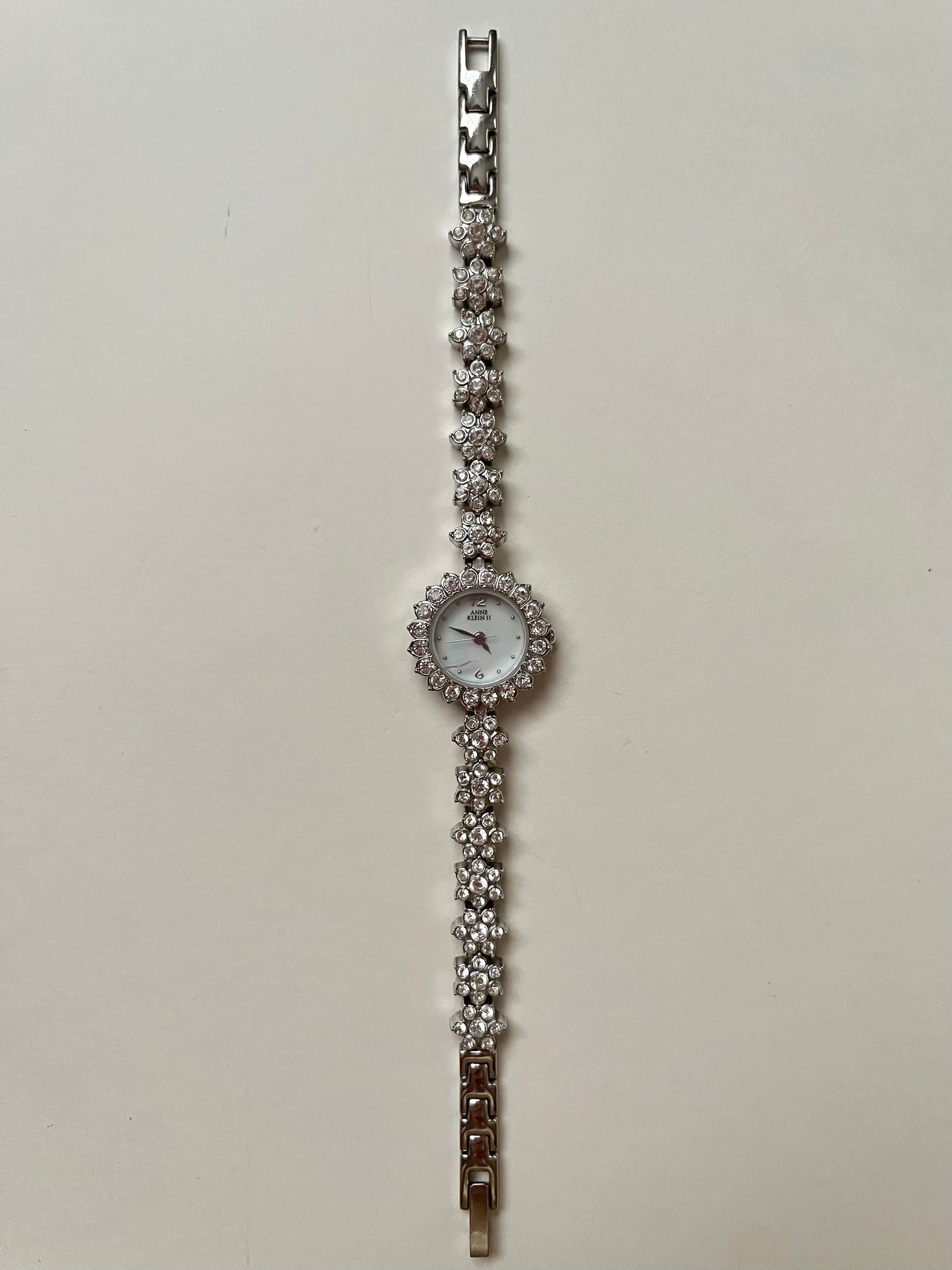 Amazing Silver Tone Anne Klein Watch with Clear Floral Rhinestones Bracelet