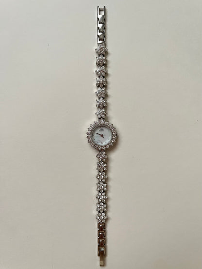 Amazing Silver Tone Anne Klein Watch with Clear Floral Rhinestones Bracelet