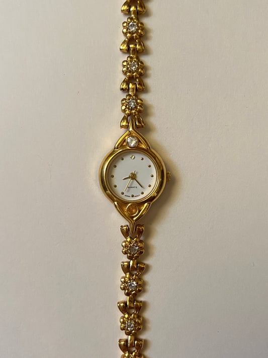 Adorable Gold Tone Watch with Floral Band Design and Rhinestones Accent