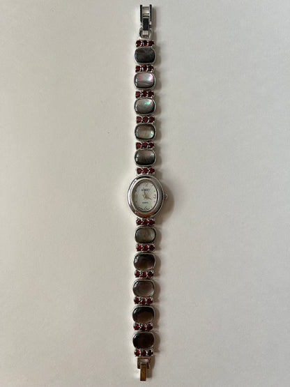 Captivating Silver Tone Watch with Red Stones and Gray Abalone Accents