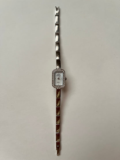 Lovely Dainty Silver Tone Anne Klein Watch with Crystal-Accented Rectangular Bezel