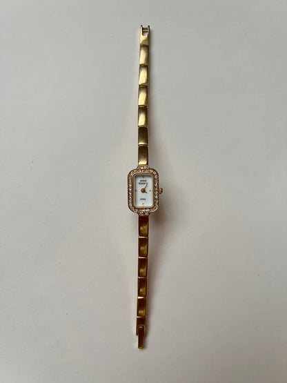 Lovely Dainty Gold Tone Anne Klein Watch with Crystal-Accented Rectangular Bezel