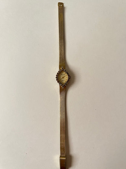 Vintage Gold Tone Watch with Diamond-Shaped Dial with Rubies Accent
