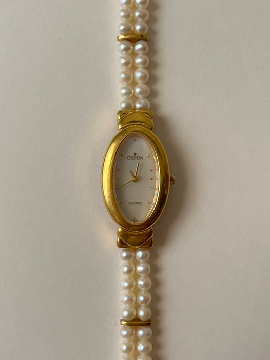 Very Elegant Gold Tone Croton Real Freshwater Pearls Band Watch with Unique Oblong Dial