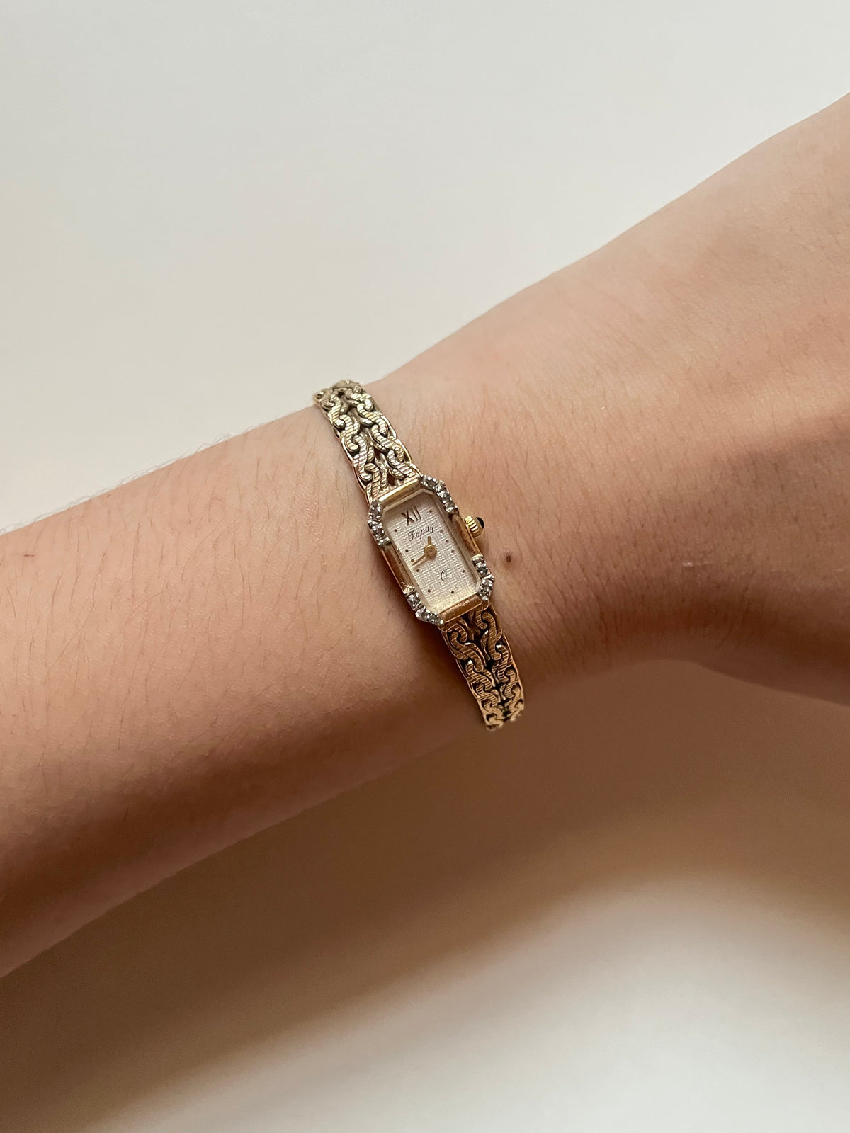Rare Dainty Vintage Gold Tone Cocktail Dress Watch with Rectangular Dial and Diamonds Accent