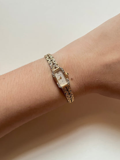 Rare Dainty Vintage Gold Tone Cocktail Dress Watch with Rectangular Dial and Diamonds Accent