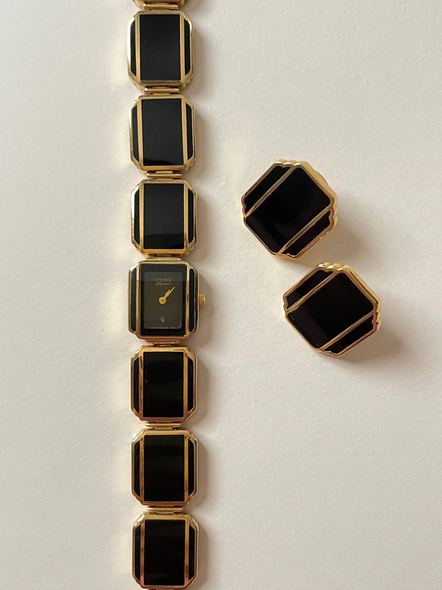 Extremely Rare Vintage 90s Chic Gold Tone Citizen Watch and Earrings Set with Black Enamel Design