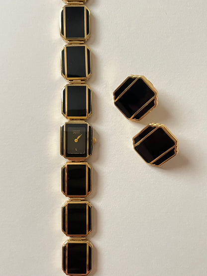 Extremely Rare Vintage 90s Chic Gold Tone Citizen Watch and Earrings Set with Black Enamel Design