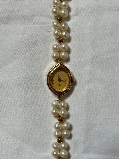 Elegant Gold Tone Watch with Real Pearls Band