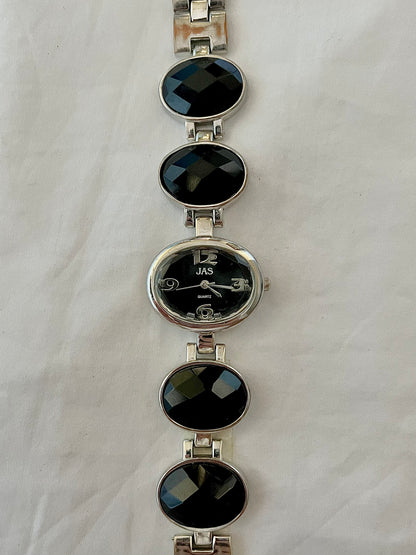 Silver Watch with Large Black Oval Links