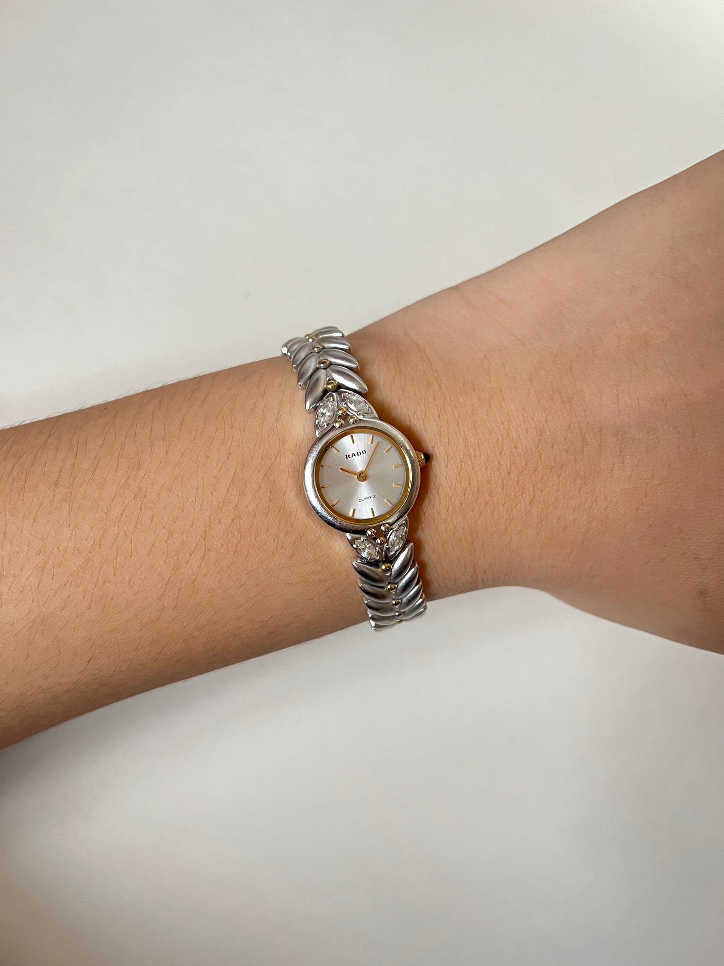 Gorgeous Vintage Silver Tone Rado Watch with Gold and White Stones Accent