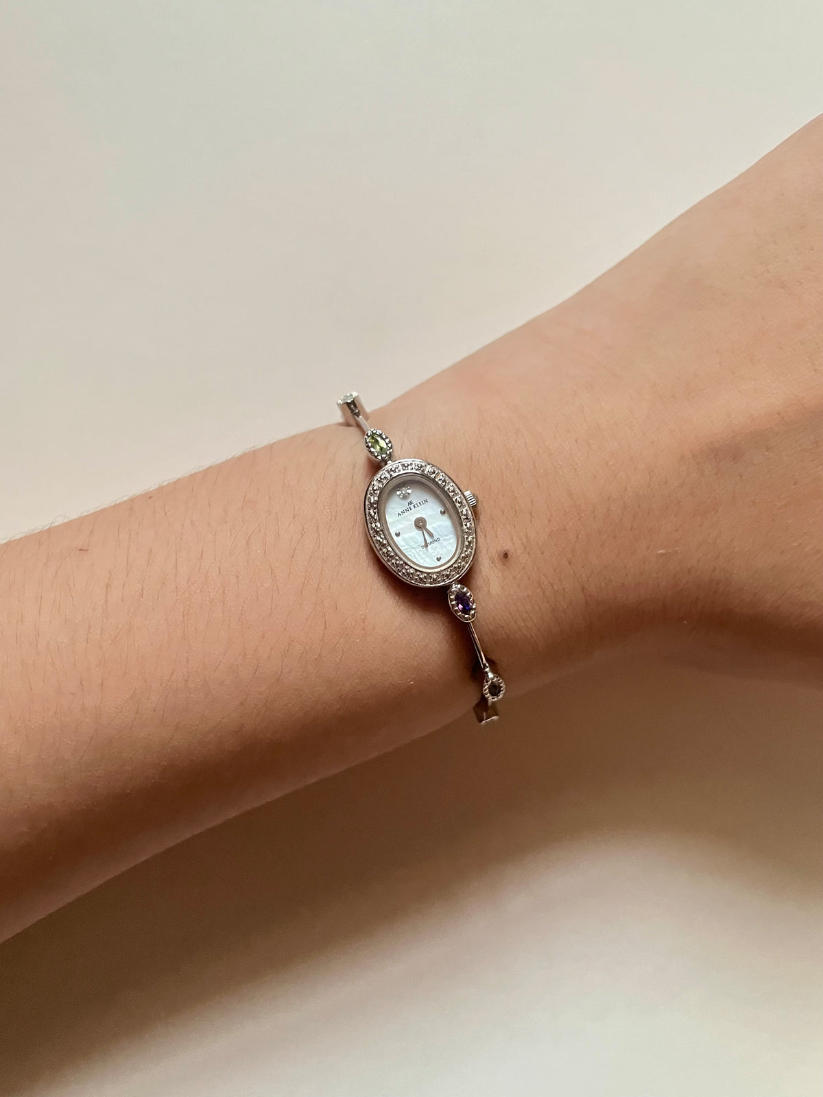Very Dainty Silver Tone Watch with Real Diamond and Multi-Stones Accents