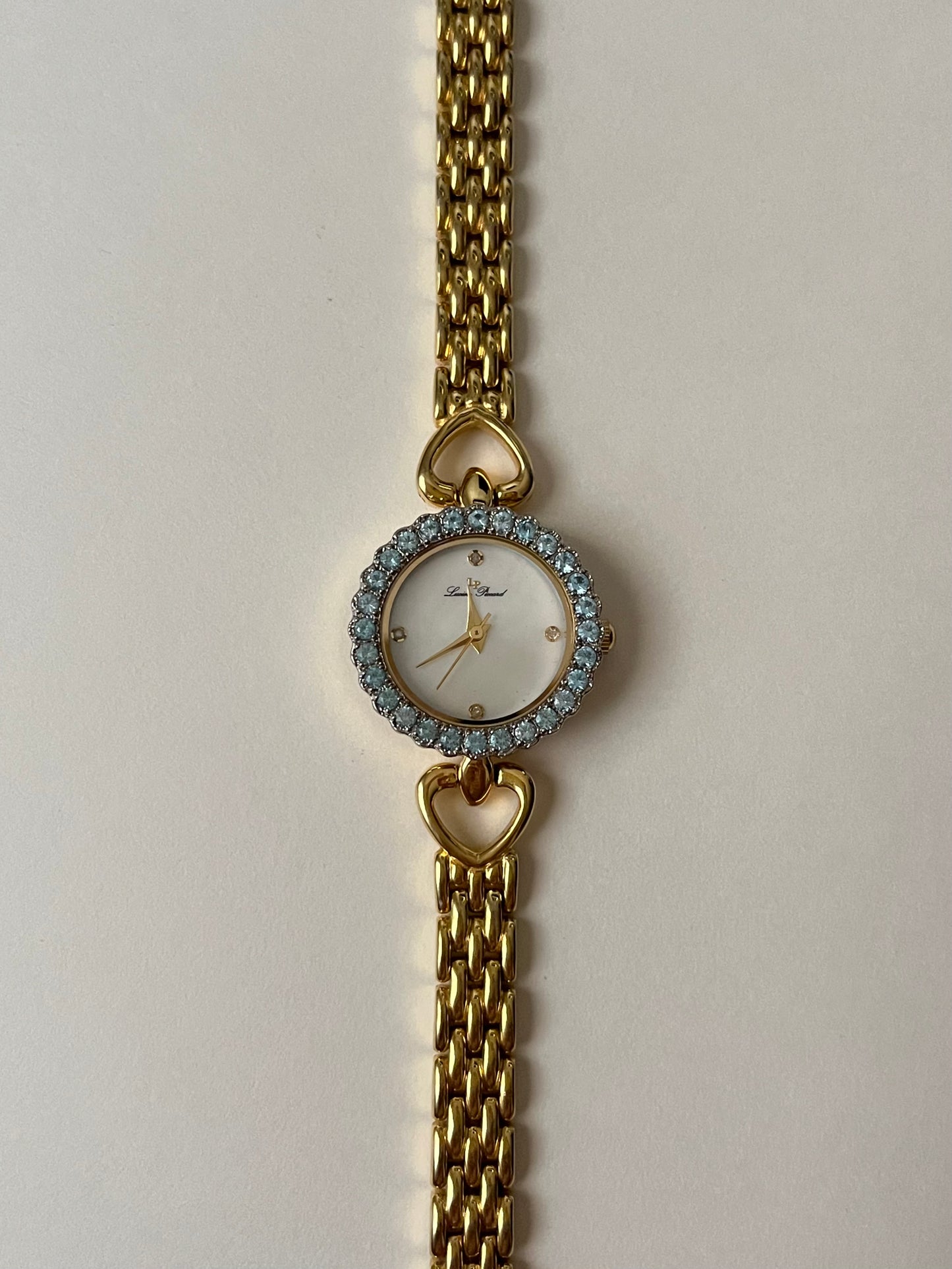 Stunning Gold Tone Watch with Blue Stones Bejeweled Round Dial