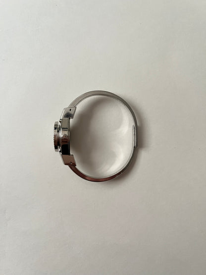 Beautiful Silver Tone Open Cuff Peekaboo Swiss Watch with White Floral Enameled Bracelet