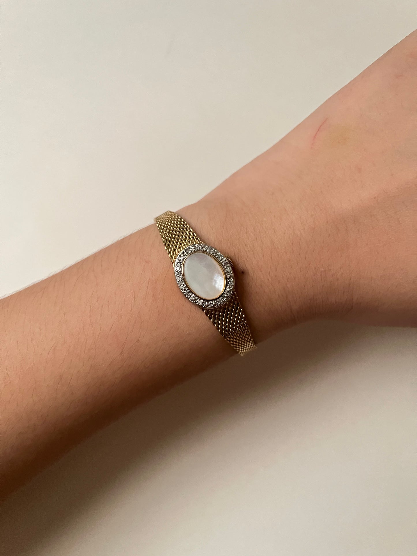 Extremely Rare Gold Tone Anne Klein Peekaboo Swiss Watch with Mother of Pearl and Real Diamonds