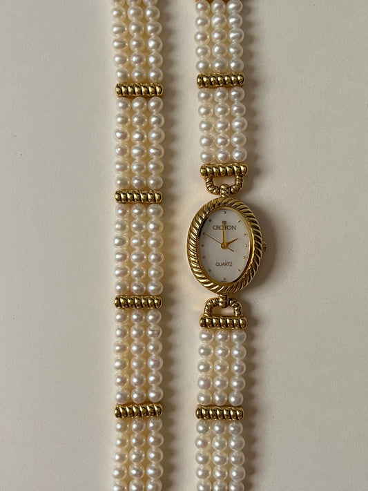 Absolutely Stunning Vintage Gold Tone Croton Real Freshwater Pearl Band Watch and Bracelet Set