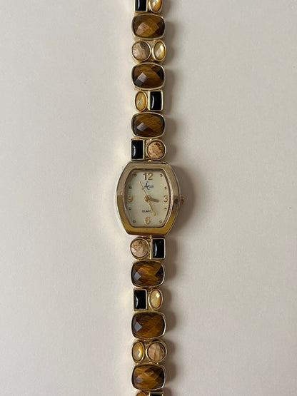 Adorable Gold Tone Watch with Multi-Gemstones Accent