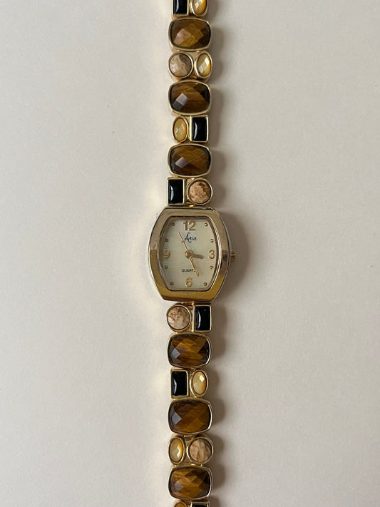 Adorable Gold Tone Watch with Multi-Gemstones Accent
