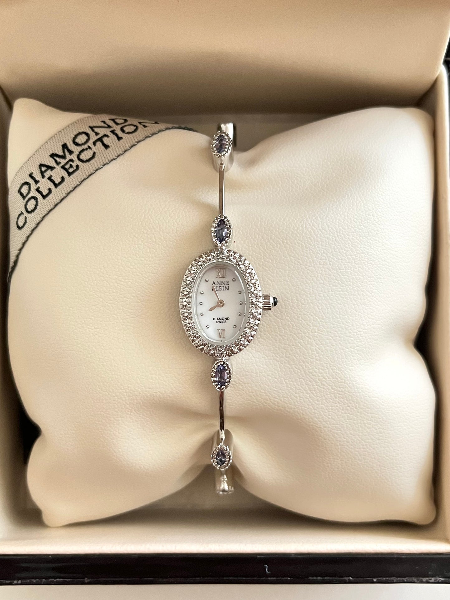 Very Dainty Silver Tone Swiss Watch with Real Diamond and Light Purple Stone Accents