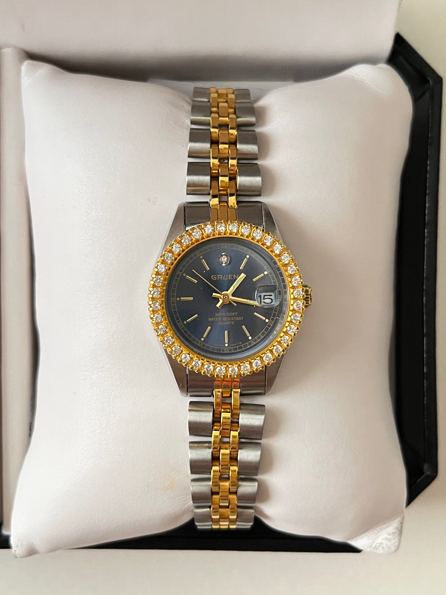 Two Toned Watch with Navy Blue Round Dial and Interchangeable Bezels