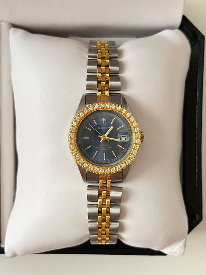 Two Toned Watch with Navy Blue Round Dial and Interchangeable Bezels