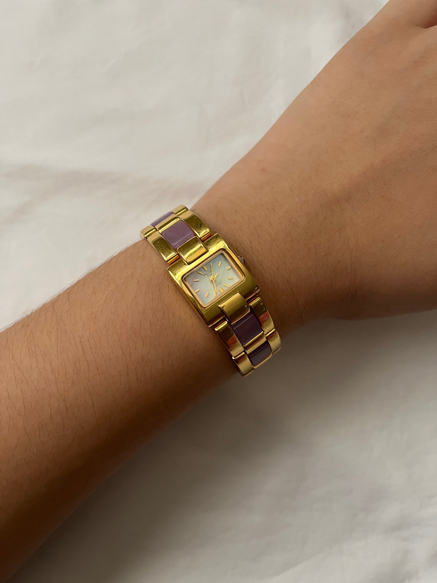 Stunning Gold Tone Watch with Purple Jade Inlay Band